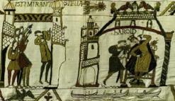 La tapisserie de Bayeux, r&eacute;alis&eacute;e dans les d&eacute;cennies des &eacute;v&eacute;nements de 1066, inclut dans un de ses panneaux de broderie montrant la com&egrave;te traversant le ciel 