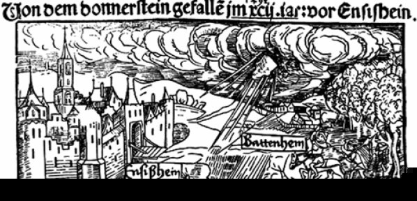 Gravure de l'&eacute;poque d&eacute;peignant la pluie de m&eacute;t&eacute;ores au-dessus de Ensisheim 