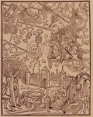 Gravure sur bois de Hans Glasser repr&eacute;sentant le "spectacle effrayant" observ&eacute; le 4 avril &agrave; Nuremberg