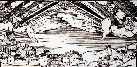 Gravure repr&eacute;sentant les globes noirs aper&ccedil;us dans le ciel de B&acirc;le