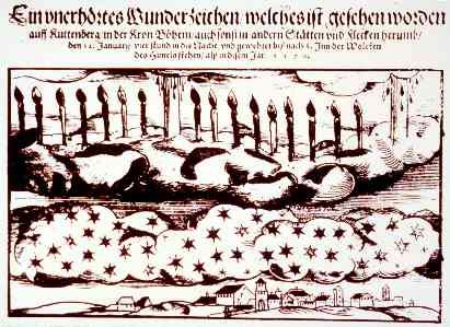 Gravure repr&eacute;sentant les globes noirs aper&ccedil;us dans le ciel de B&acirc;le