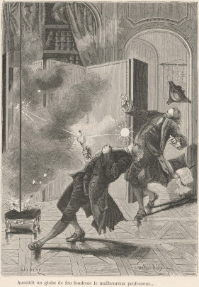 Gravure dépeignant Richmann et son assistant, tués par de la foudre en boule 