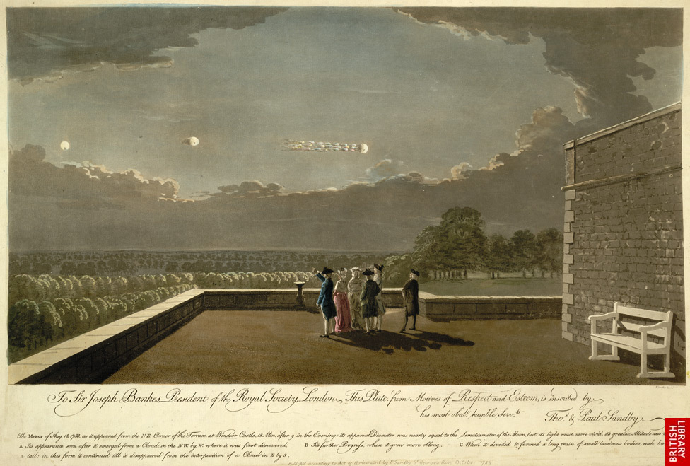 L'observation du 18 août illustrée selon les indications de Thomas Sandby, un fondateur de l'Académie Royale, et son frère Paul, tous 2 témoins de l'événement