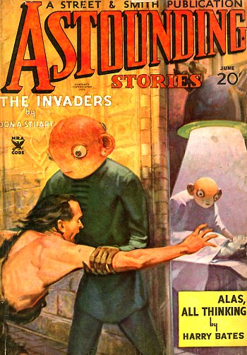 Couverture de Astounding Stories n&deg; 4, vol. 5 de juin en juin 1935 : des extraterrestres examinent une femme tandis que son compagnon est bloqu&eacute; de les emp&ecirc;cher
