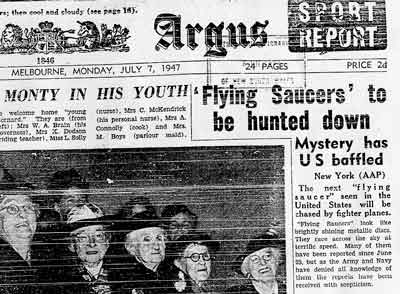 La Une de l'Argus, journal de Melbourne (Australie), titrant sur l'affaire de Roswell