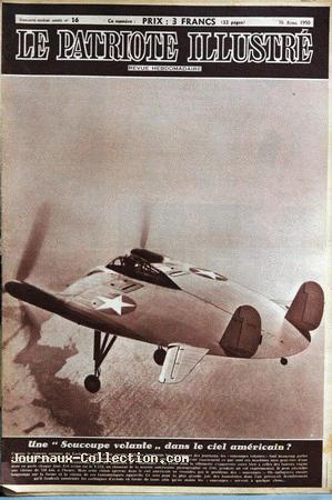 Le Patriote Illustré n° 16 du 16 avril 1950, montrant le V-173 au-dessus du titre : Une "soucoupe volante" dans le ciel américain ?