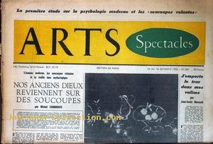 Arts du 10 octobre, titrant sur "la psychologie moderne des soucoupes volantes" : Nos anciens dieux reviennent sur des soucoupes par M. Carrouges