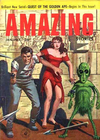 Couverture du n° de Amazing Stories de ce mois-ci, montrant un "petit homme vert"