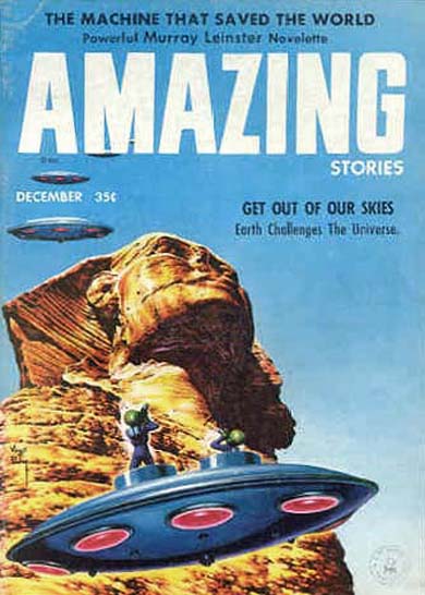 Couverture de Amazing Stories ce mois-là, montrant de "petits hommes verts" sortant d'une soucoupe, et titrant sur "Sortez de notre ciel"