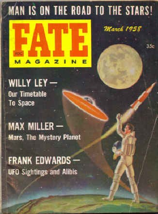 Couverture de Fate en mars, titrant notamment sur "Observations d'ovni et Alibis" par Frank Edwards