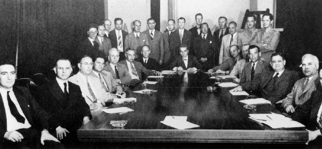 USAF-SAB. The United States Air Forc e&rsquo;s Scientific Advisory Board in the late 1940&rsquo;s. Theodore von Karman is at the head of the table. At the near left front is George Valley of MIT, the chief advisor on UFO&rsquo;s in the relevent period