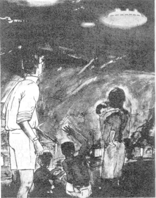 Une vue d'artiste de l'observation de Boiani Nouvelle Guin�e, les 26-27 Juin 1959. L'objet est repr�sent� d'apr�s les croquis fait par les t�moins � l'�poque. Notez les 2 autres objets en l'air � une plus grande distance