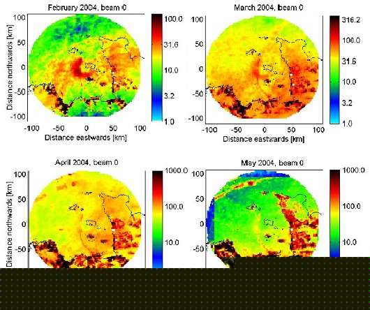 Fig.1 Monthly accumulated echo on Jersey weather radar (beam-0, 0.5&deg; elevation) during Feb-May 2004 (after Rico-Ramirez et al.)