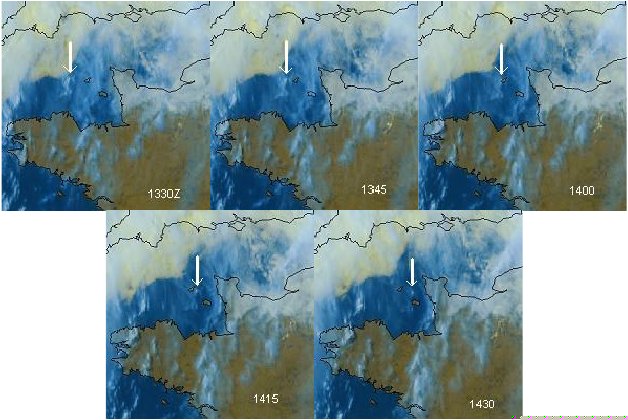 Fig.36. METOSAT 8 images timed 1330 - 1430Z, 23 April 2007. 4km resolution. Courtesy Loic Harang, Meteo-France, Centre de M&eacute;t&eacute;orologie Spatiale 