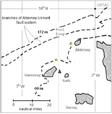 Figure 38 - Positions triangul&eacute;es approximatives des PANs (cercles jaunes) par rapport au syst&egrave;me de faille de Aurigny-Ushant