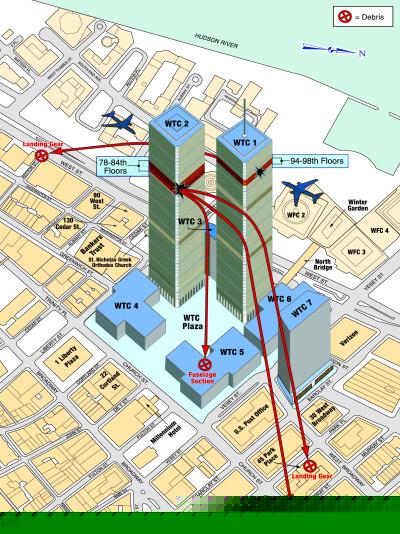 Avec la force de l'impact, quelques-uns des d&eacute;bris des appareils passent enti&egrave;rement &agrave; travers les tours. Un fragment carbonis&eacute; de train d'atterrissage &agrave; l'intersection des rues de West et de Rector est le seul identifi&eacute; comme appartenant au vol 11