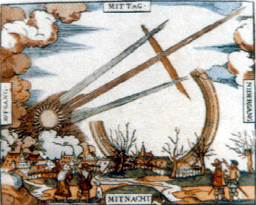 Gravure sur bois de Hans Glasser repr&eacute;sentant le "spectacle effrayant" observ&eacute; le 4 avril &agrave; Nuremberg