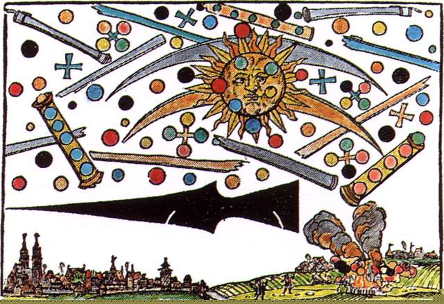 Gravure sur bois de Hans Glasser repr&eacute;sentant le "spectacle effrayant" observ&eacute; le 4 avril &agrave; Nuremberg