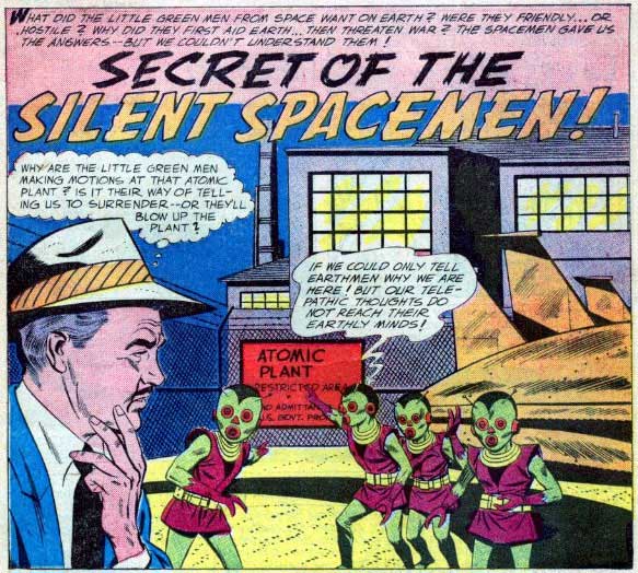 Si les ovnis rodent vraiment autour de sites nucléaires, les hommes se demandent bien pourquoi s4"Secret of the Silence Spacemen", Strange          Adventures (DC Comics) n° 82, 1957-07