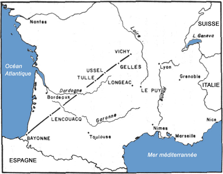 Fig. 2. French Straight-Line Sightings - 8 observations en France pour le 24 septembre 1964 [Michel,      1958] comme rapporté dans France-Soir, Paris-Presse, et La Croix (26 et 28 septembre). Une 9ᵉ      observation à Lantefortain-les-Baroches dans le Nord de la France n'est pas indiquée sur la carte. Les      observations à Le Puy et Longeac ne se trouvent pas sur la ligne, mais les 6 autres fall so close to the great      circle arc indicated that no deviation can be detected sur une carte Michelin avec une échelle de 1:1000000ème