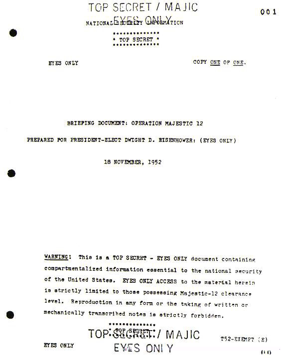 La 1&egrave;re page du pr&eacute;tendu briefing sur les ovnis d'origine extraterrestre au pr&eacute;sident Eisenhower 