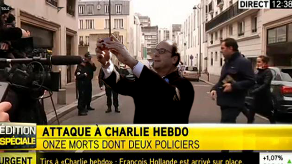 Montage de Hollande qui prendrait un selfie devant les lieux de l'attentat, élaboré à partir                d'une photo prise lors d'une cérémonie du mardi 11