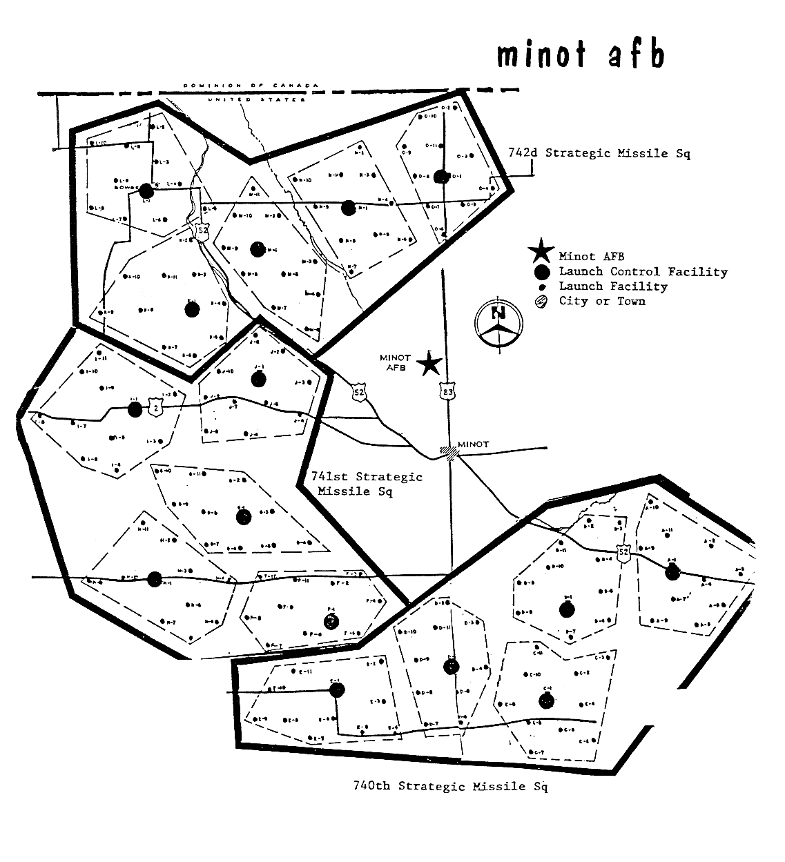 Les zones de lancement de missiles autour de la base de Minot
