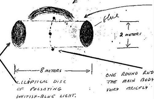 Dessin du phénomène observé survolant l'aéoport de Mehrabad par le superviseur de la tour de contrôle Hossein Pirouzzi.