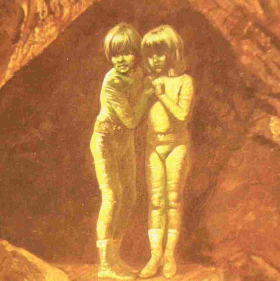 Une vue d'artiste des enfants sortant de la grotte, inexacte cependant, puisqu'ils auraient porté des    vêtements semblables à des robes