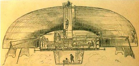 Vue en coupe d'une machine de guerre aérienne dans une fiction d'anticipation s13Robida, Albert: La          Guerre Infernale, 1908