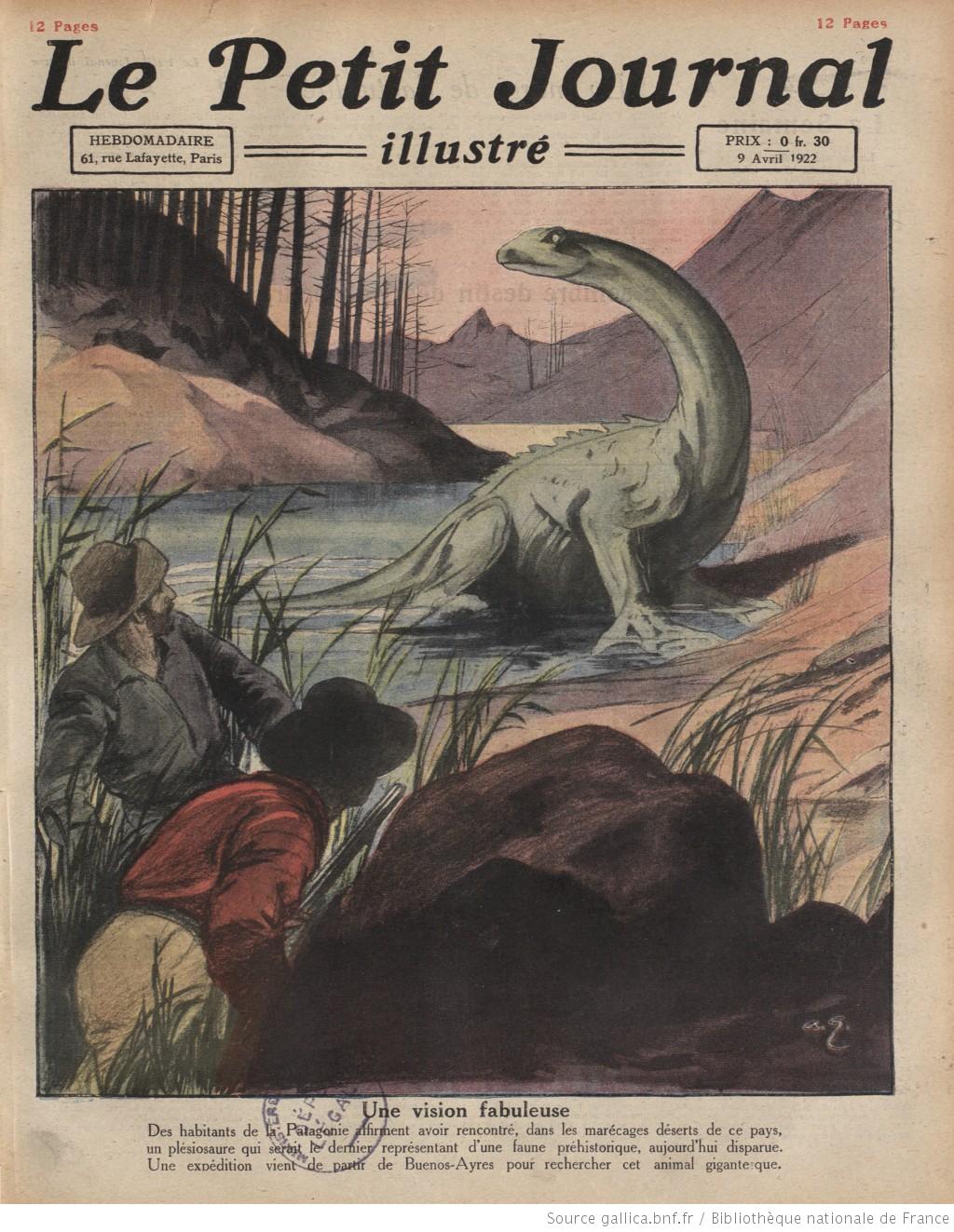 Couverture du Petit Journal Illustré le dimanche 9, relatant la découverte d'un            "plésiosaure" dans des marécages de Patagonie
