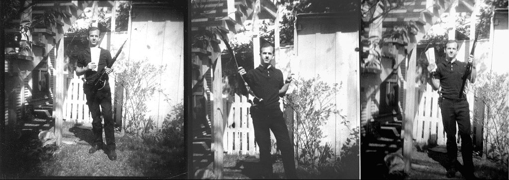 Oswald tenant son fusil dans son jardin le dimanche 31 mars 1963, un pistolet au ceinturon s5Life. Cette photo sera constestée en raison de ses ombres ou de la posture de Oswald, mais    sera finalement authentifiée s6Farid, Hany: "The    Lee Harvey Oswald Backyard Photos: Real or Fake?" Perception, vol. 38 (11), pp. 1731-1734, 2009 s7Farid, Hany: "A 3-D    Photo Forensic Analysis of the Lee Harvey Oswald Backyard Photo", TR2010-669, Department of Computer Science, Dartmouth College, 2010-05    s8Farid, Hany & S. Pittala & E. Whiting: "A    3-D Stability Analysis of Lee Harvey Oswald in the Backyard Photo", Journal of Digital Forensics, Security and Law, 10(3): 87-98, 2015.