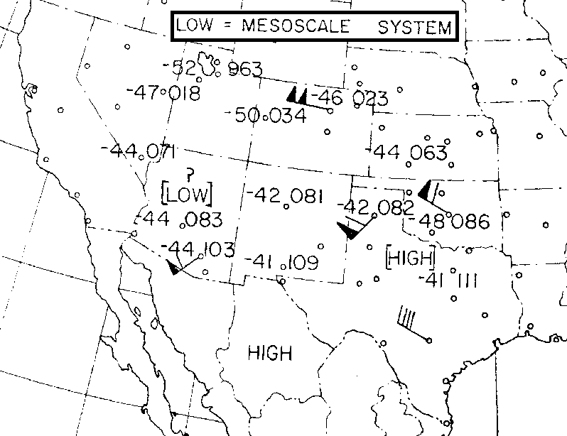 Figure 10 - Carte météo synoptique - Graphe de pression constante, 300 mb, M. S. I. de près de 30 000 pieds - 27    janvier 1953 (03 h 00 Z) s2Image des USA recadrée pour n'inclure que les données météo