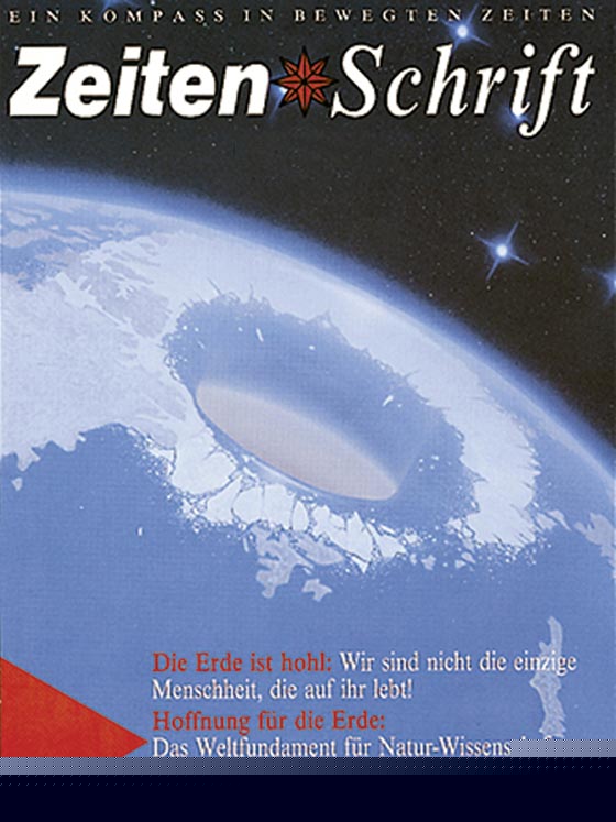 La couverture de Zeiten Schrift n° 1, présentant un article sur la théorie de la Terre creuse. L'image sera présentée tronquée, comme une photo spatiale.